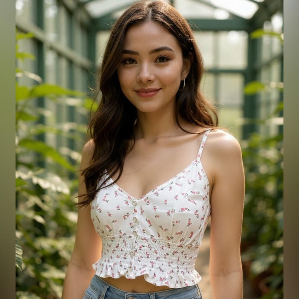 Women’s Floral Crop Top with Button Detail, XS Never Worn